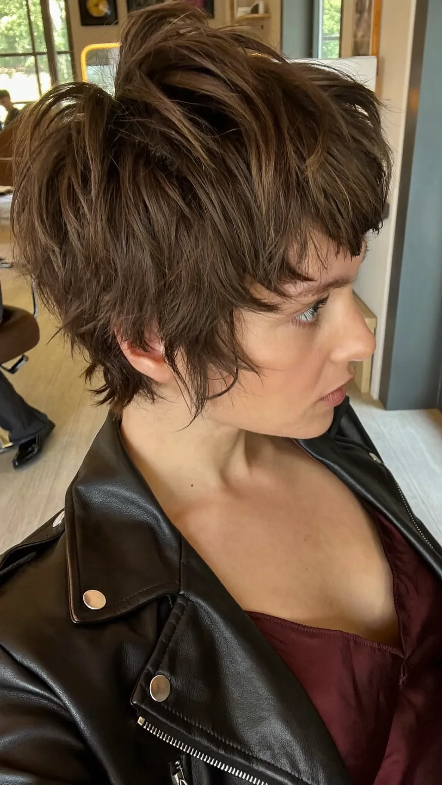 Choppy Textured Pixie Cut with Voluminous Blunt Bangs