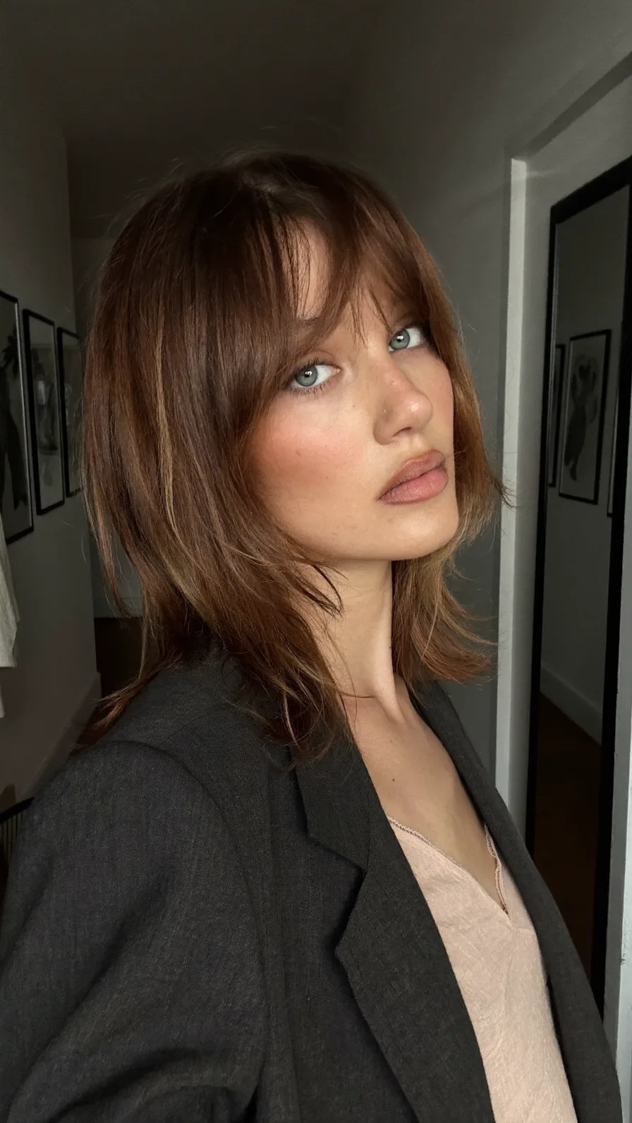 Textured Shoulder-Length Shag with Curtain Bangs and Babylights