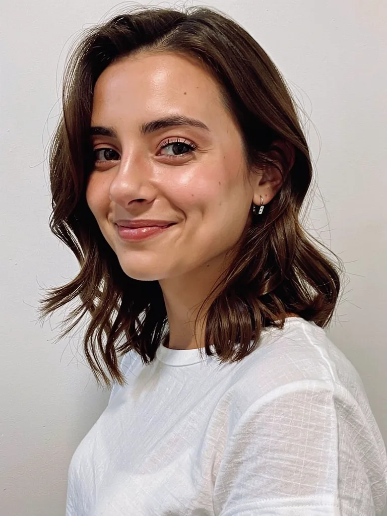 Shoulder-Length Lob with Natural Waves in Chestnut Brown
