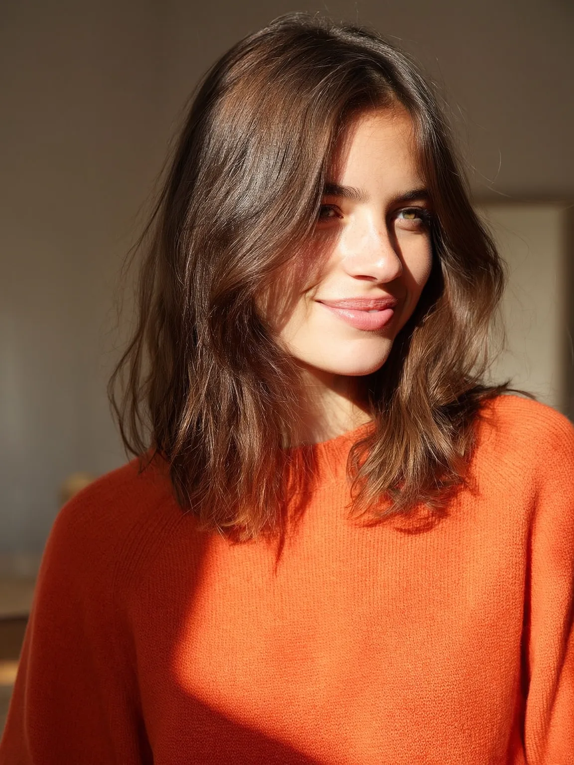 Shoulder-Length Lob with Warm Chestnut Brown Shade