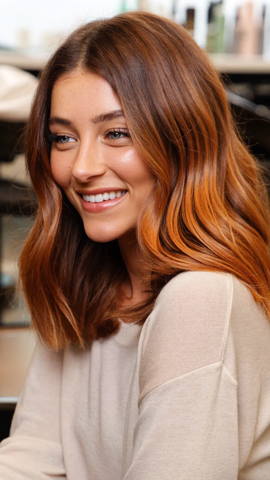 Medium Length Warm Balayage Hair with Long Flowing Layers
