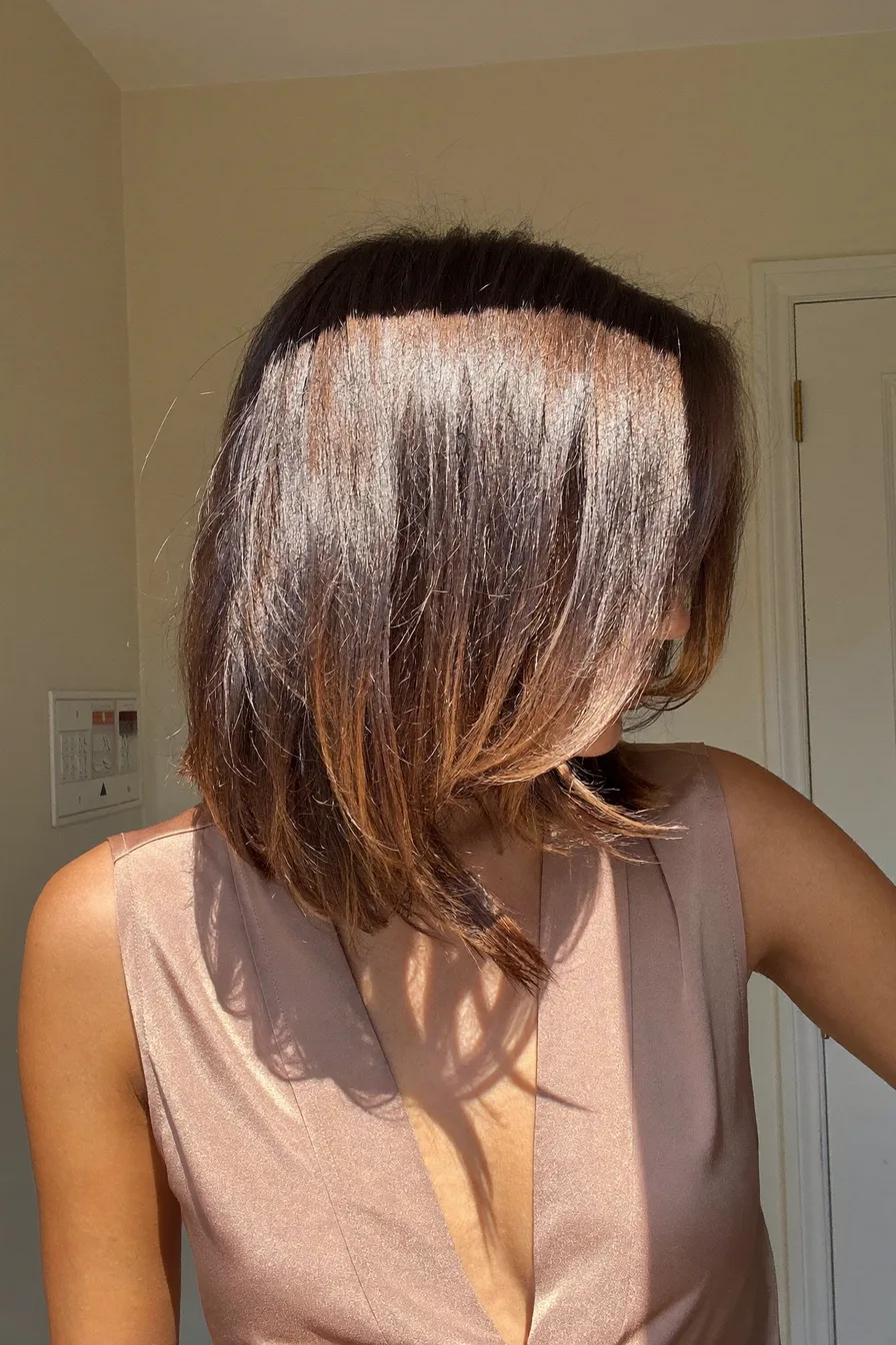 Soft Long Layered Bob with Blunt Bangs and Balayage Highlights
