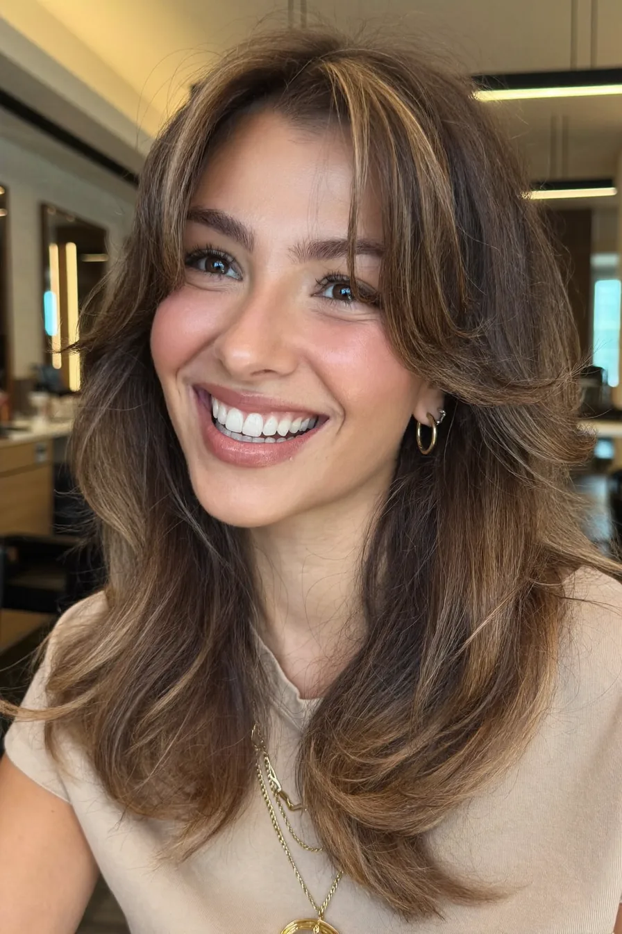 Voluminous Layered Blowout with Soft Curtain Bangs and Balayage