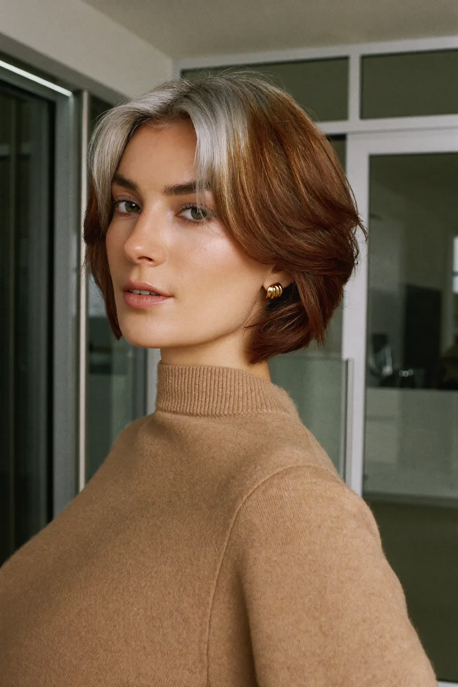Chin-Length Layered Bob with Two-Tone Curtain Bangs