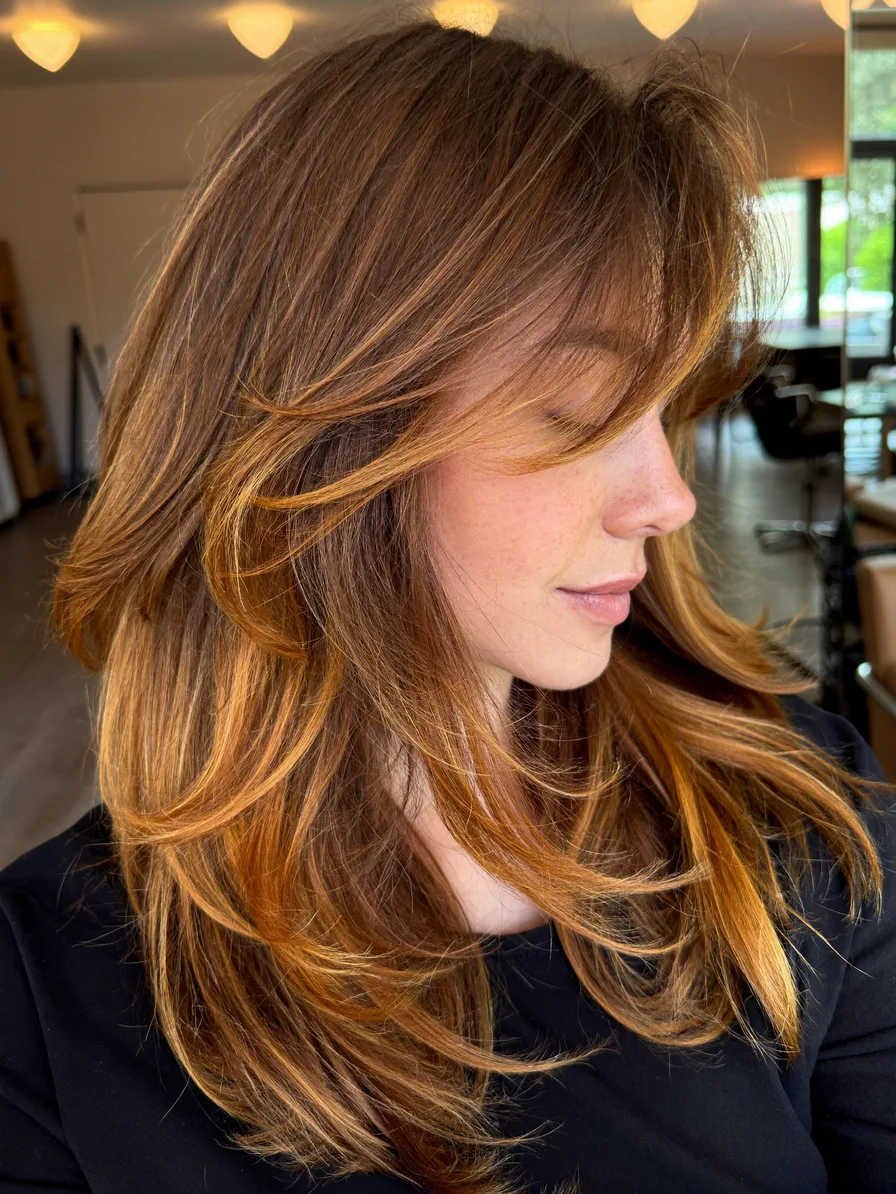 Voluminous Long Layers with Warm Caramel Balayage and Curtain Bangs