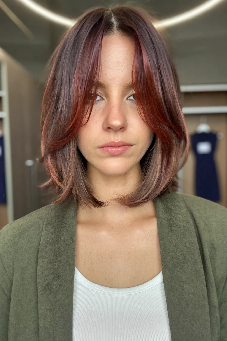 Rich Chestnut Shoulder Length Long Layered Hair with Curtain Bangs