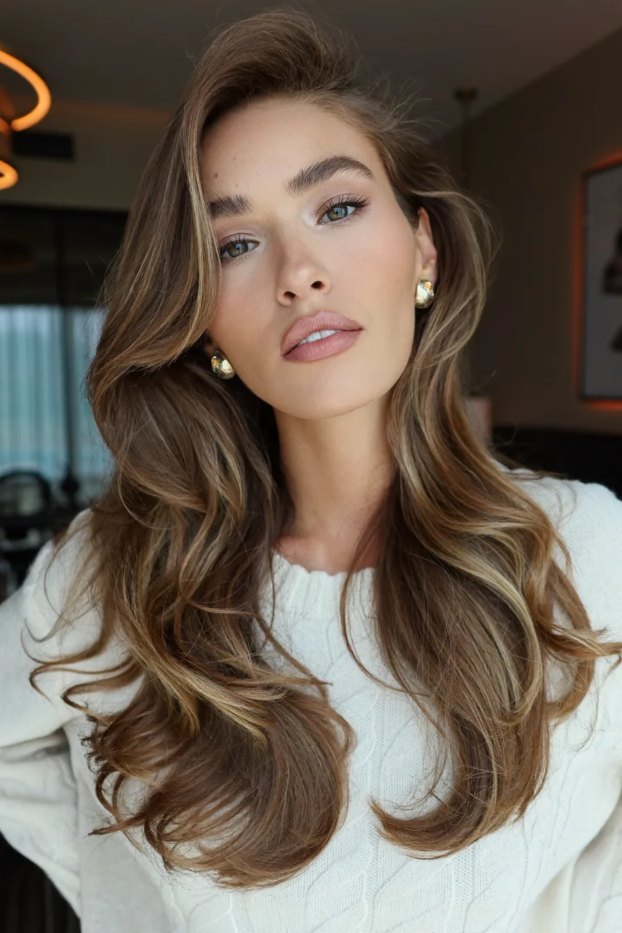 Voluminous Long Layered Waves with Soft Side-Swept Bangs