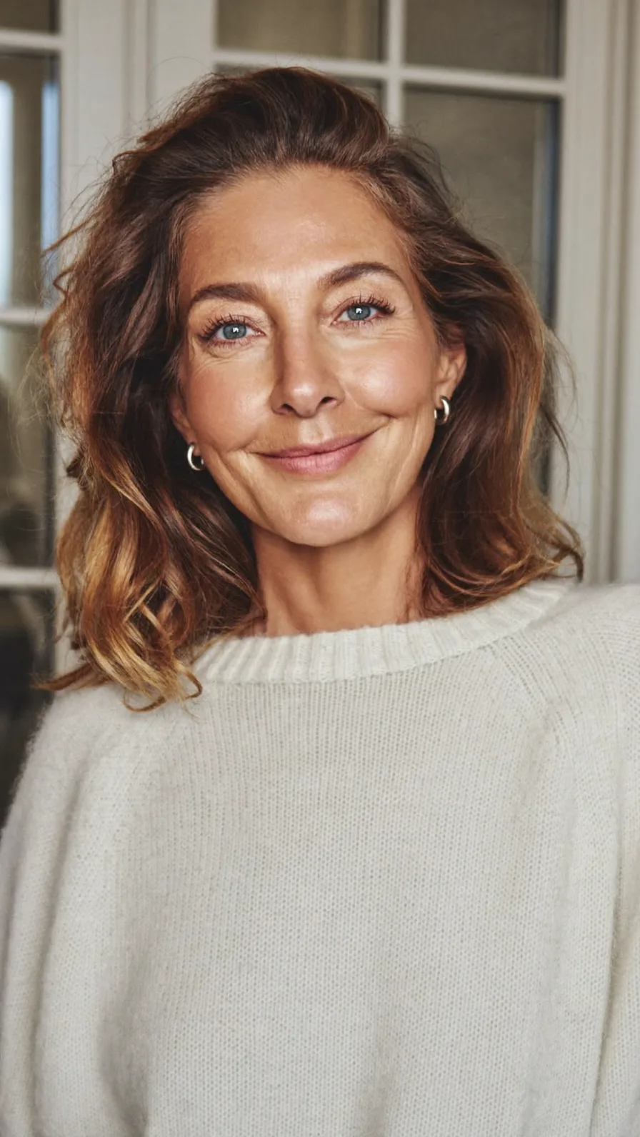 Natural Shoulder-Length Wavy Hair with Warm Balayage Highlights