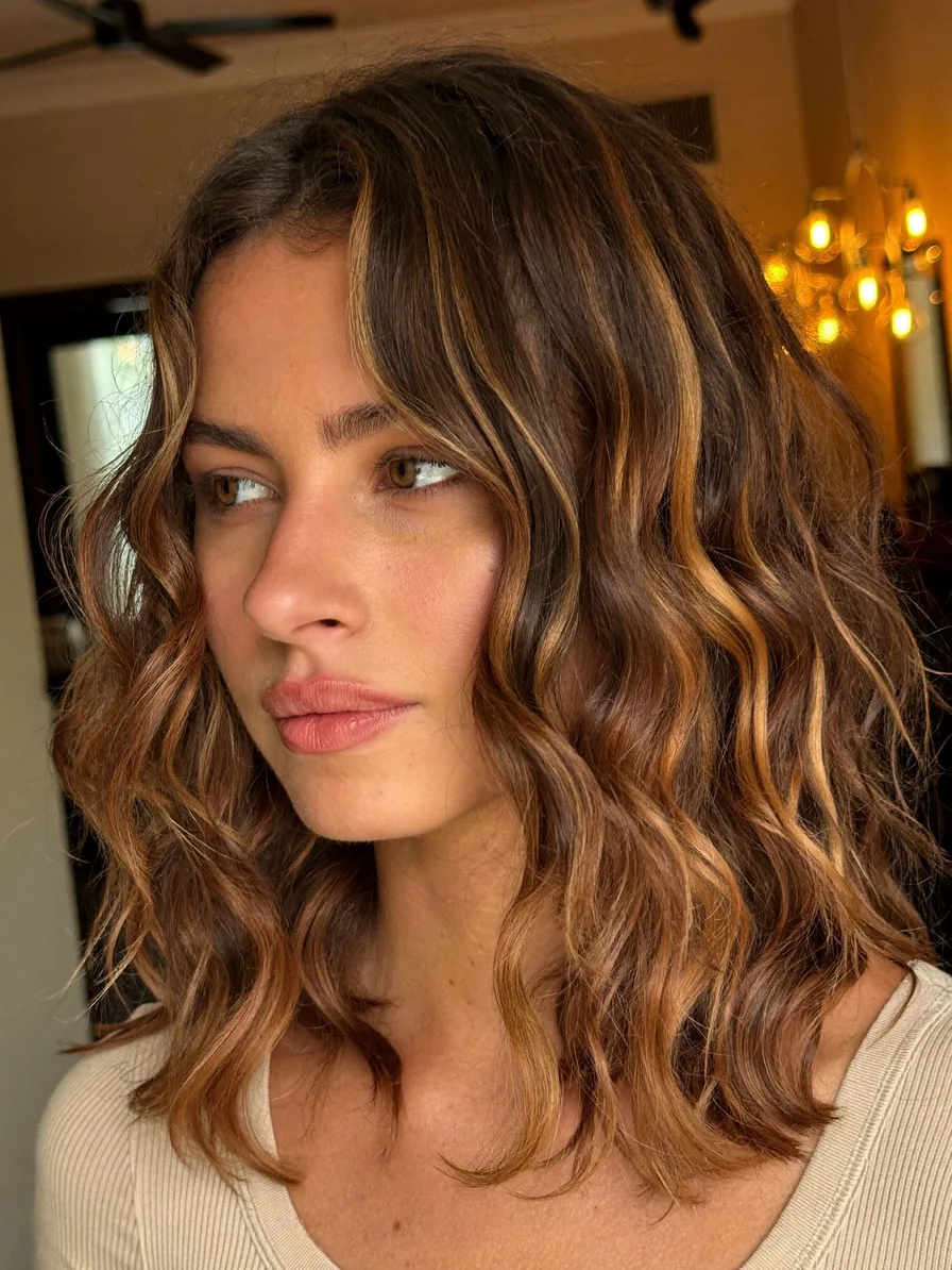 Medium Wavy Layered Hair with Balayage and Curtain Bangs