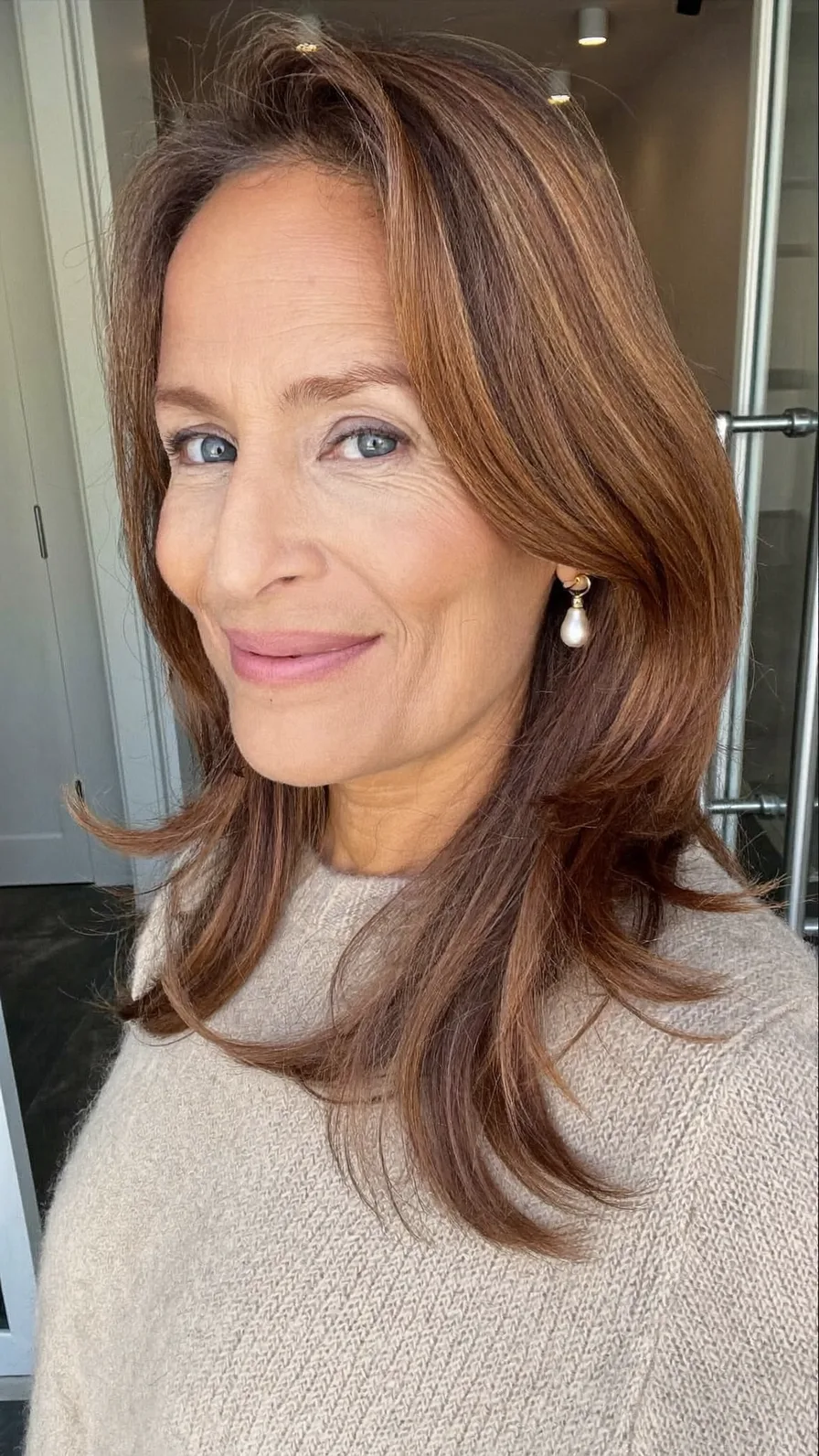 Soft Layered Shoulder-Length Warm Chestnut Brown Hairstyle