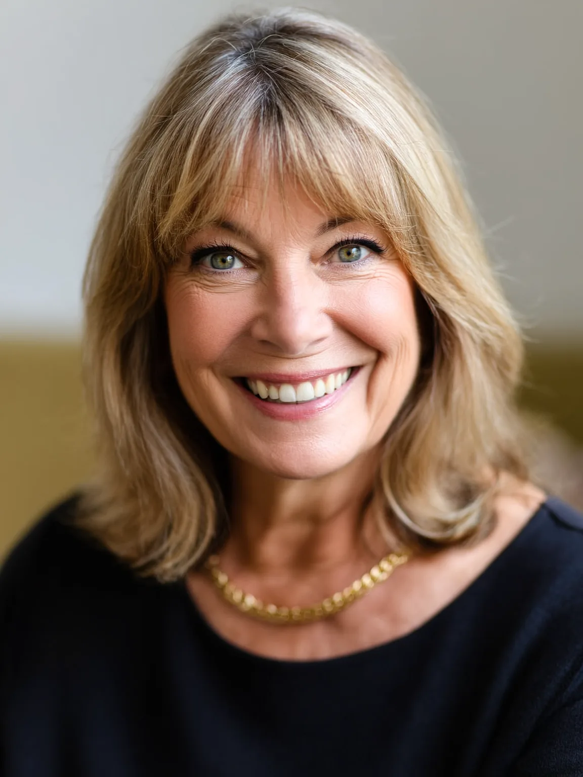 Shoulder-Length Sandy Blonde Bob with Curtain Bangs