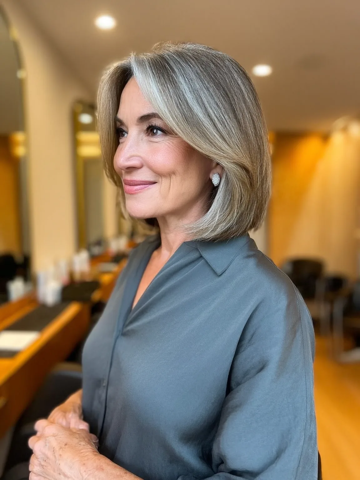 Chin-Length Ash Gray Bob with Silver Highlights