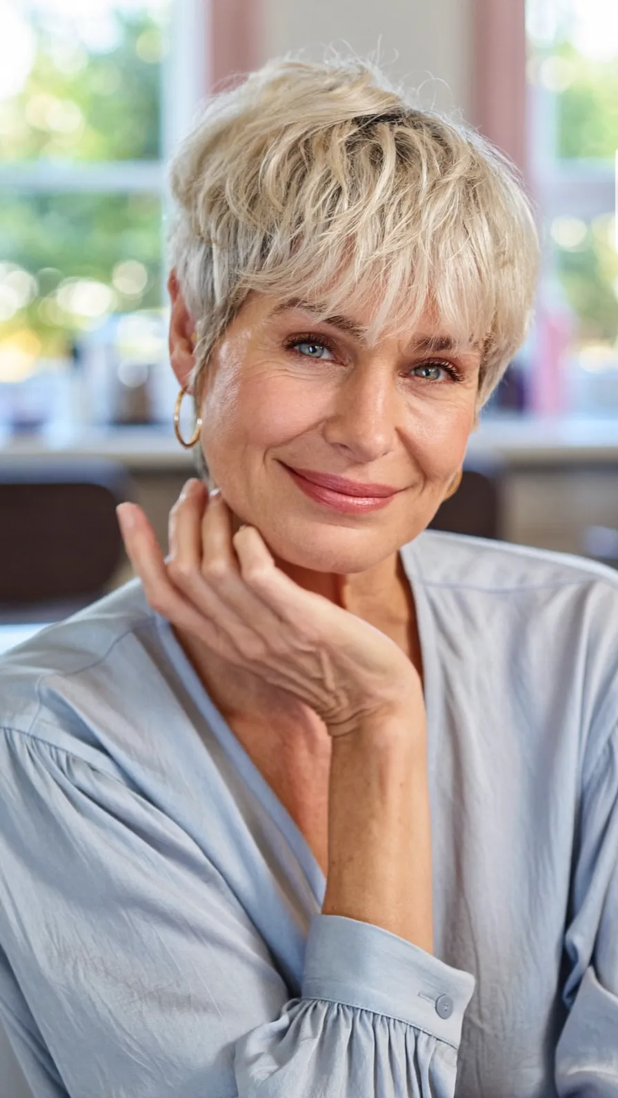 Choppy Textured Platinum Blonde Pixie with Side Curtain Bangs