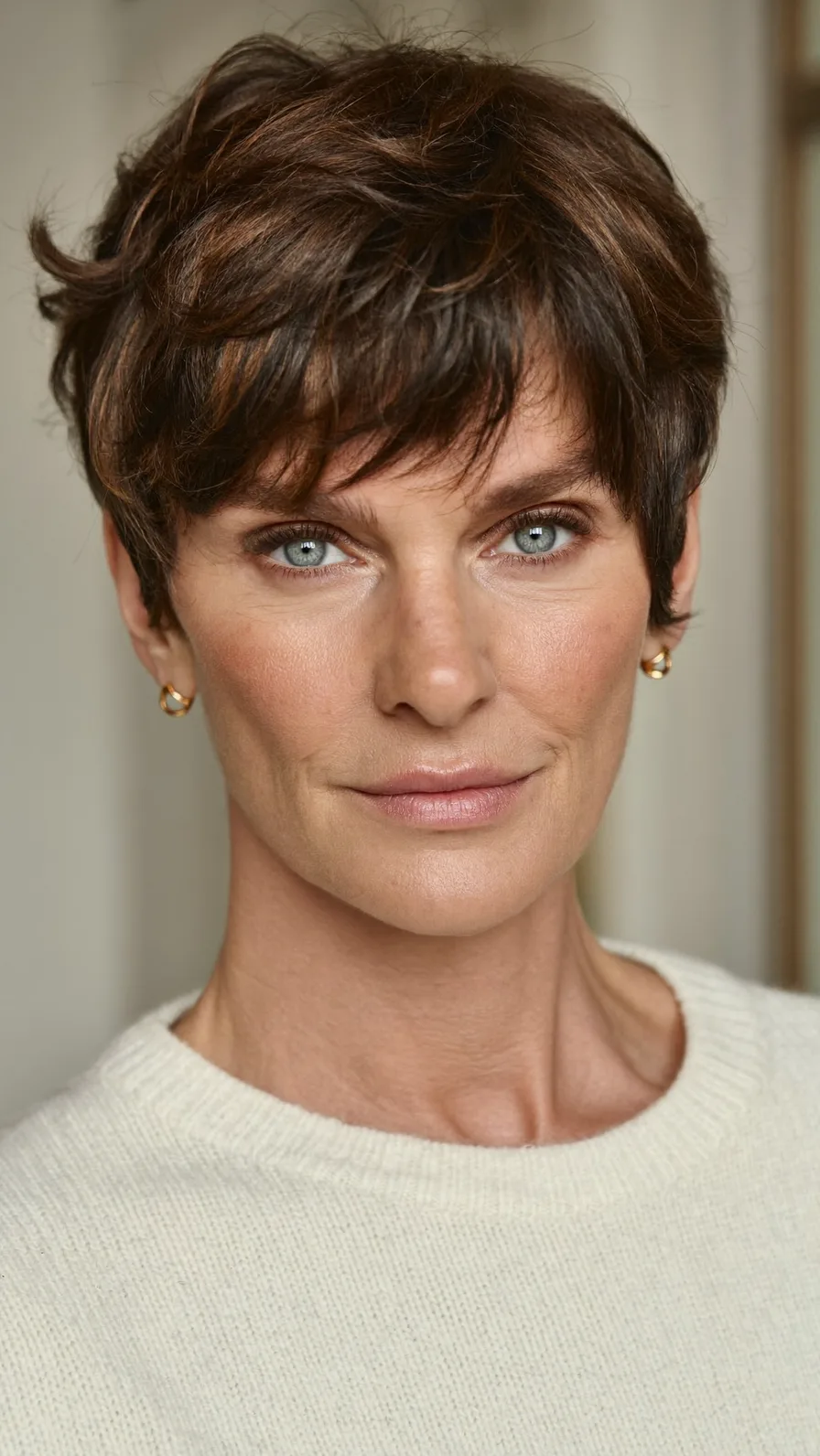 Textured Pixie Cut with Warm Caramel Balayage Highlights