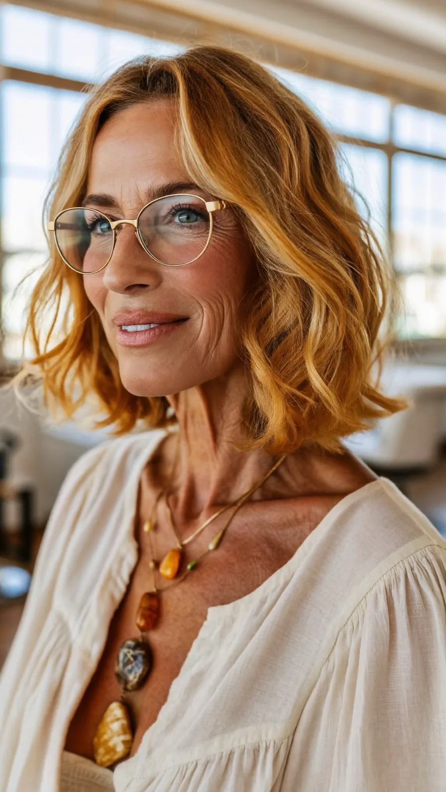 Sophisticated Shoulder-Length Honey Blonde Wavy Lob Style