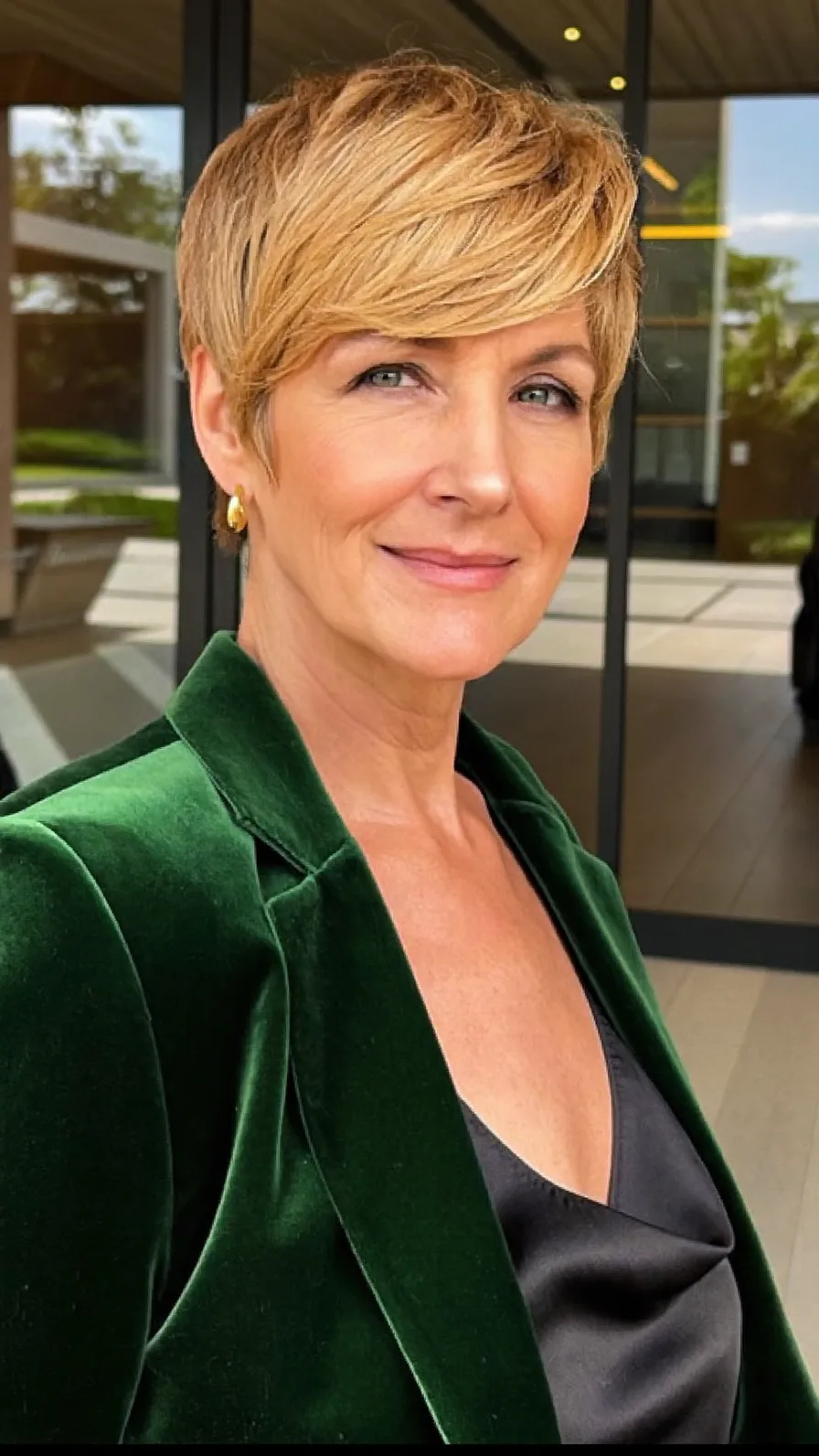 Elegant Warm Golden Blonde Textured Pixie with Side-Swept Bangs