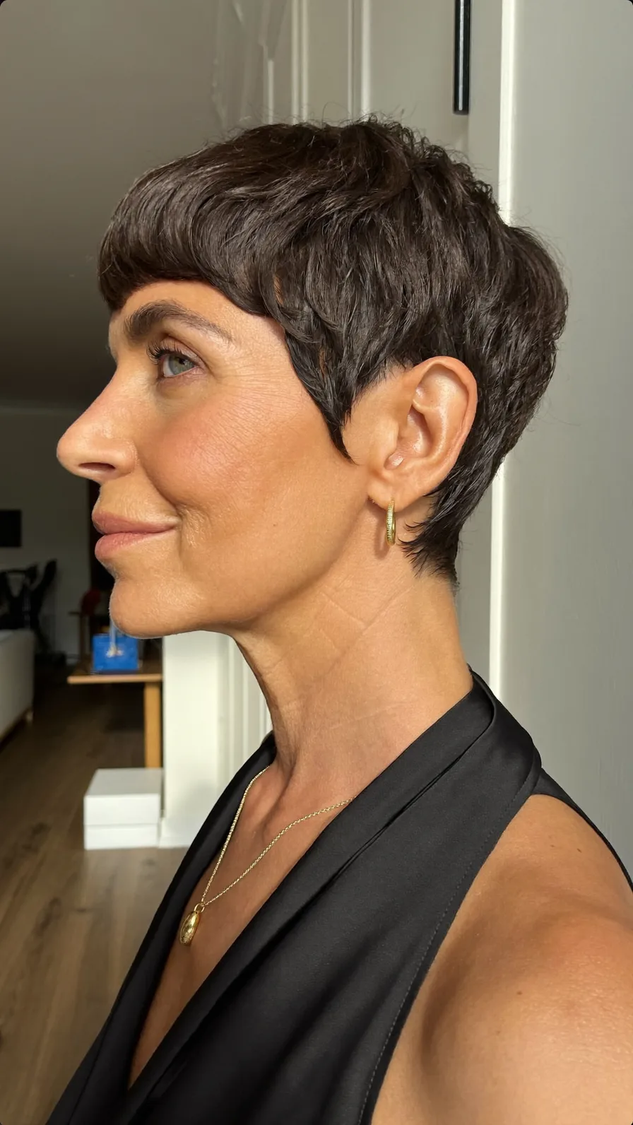 Choppy Textured Dark Brown Pixie with Blunt Bangs