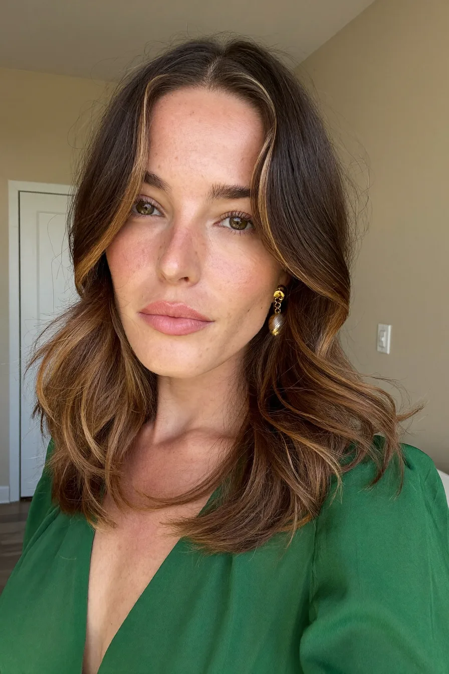 Layered Chestnut Brown Shoulder-Length Waves with Soft Face-Framing Pieces