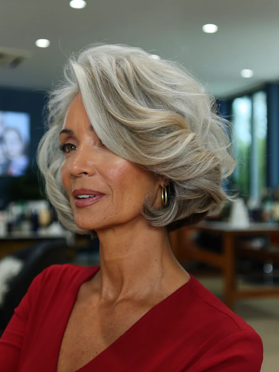 Voluminous Soft Wavy Chin-Length Bob with Side-Swept Bangs