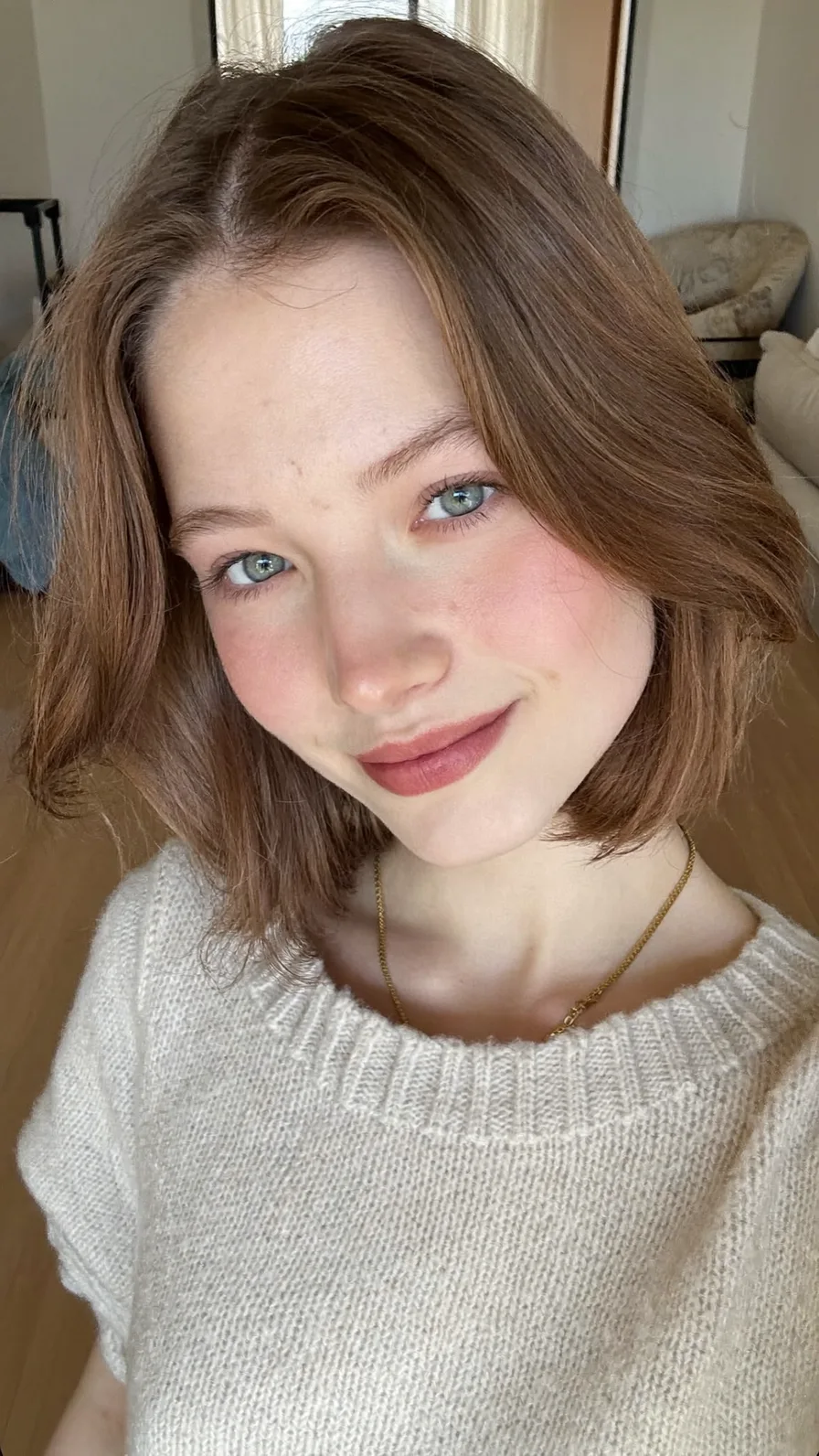 Natural Wavy Chin-Length Bob with Center Curtain Bangs
