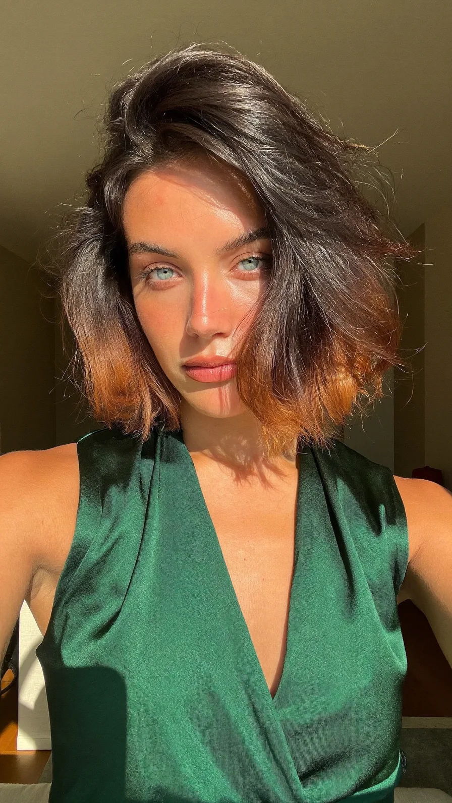 Textured Lob with Deep Side Part and Ombre Copper Ends
