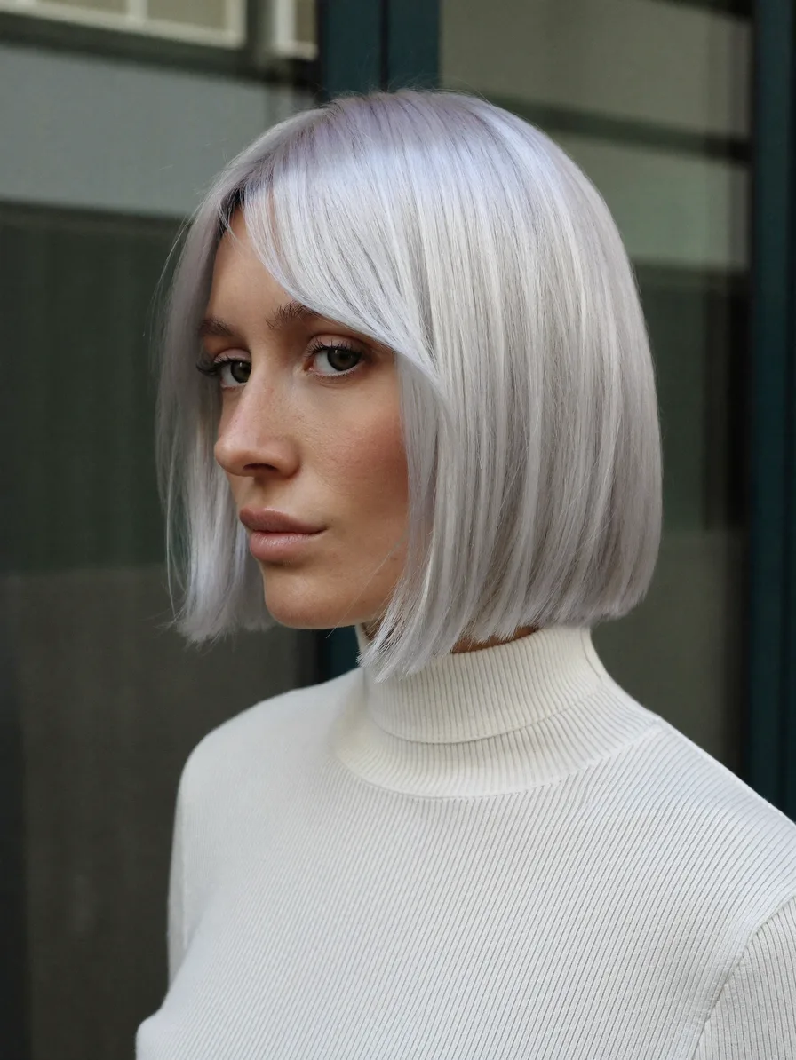 Sleek Platinum Silver Blunt Cut Side-Swept Bob
