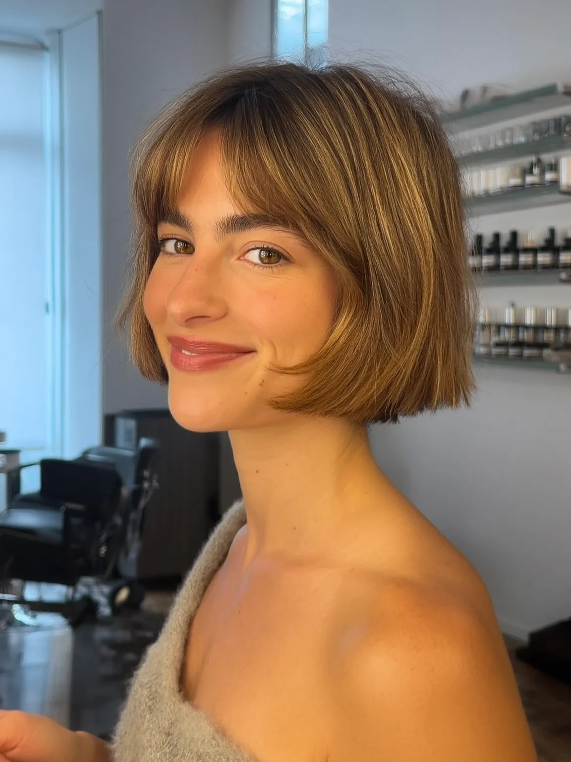Warm Caramel Brown Straight Bob with Curtain Bangs