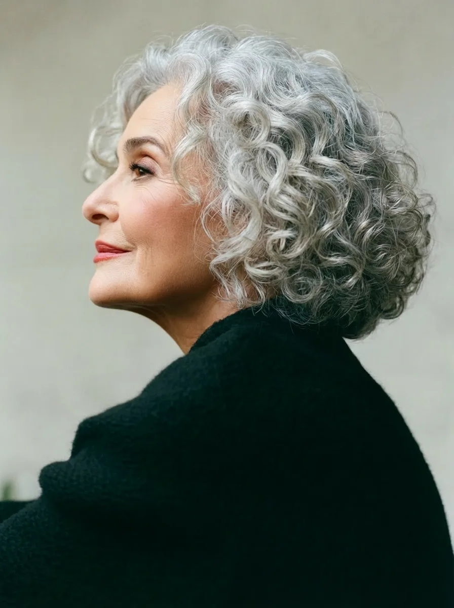 Silver Frost Curly Bob with Balanced Volume and Shape