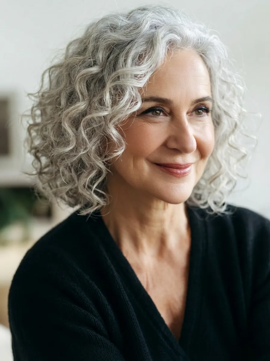 High-Volume Soft Silver Grey Curly Bob for Oval Faces
