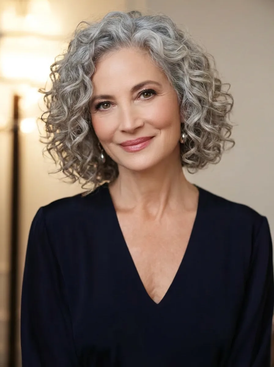 Oval Face Silver Frost Curly Bob with Lush Bounce