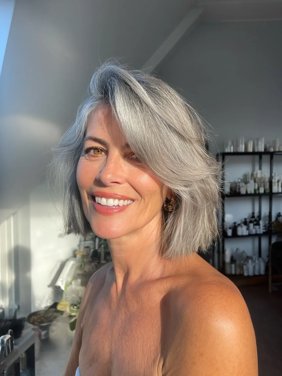 Silver Gray Straight Bob with Side-Swept Bangs