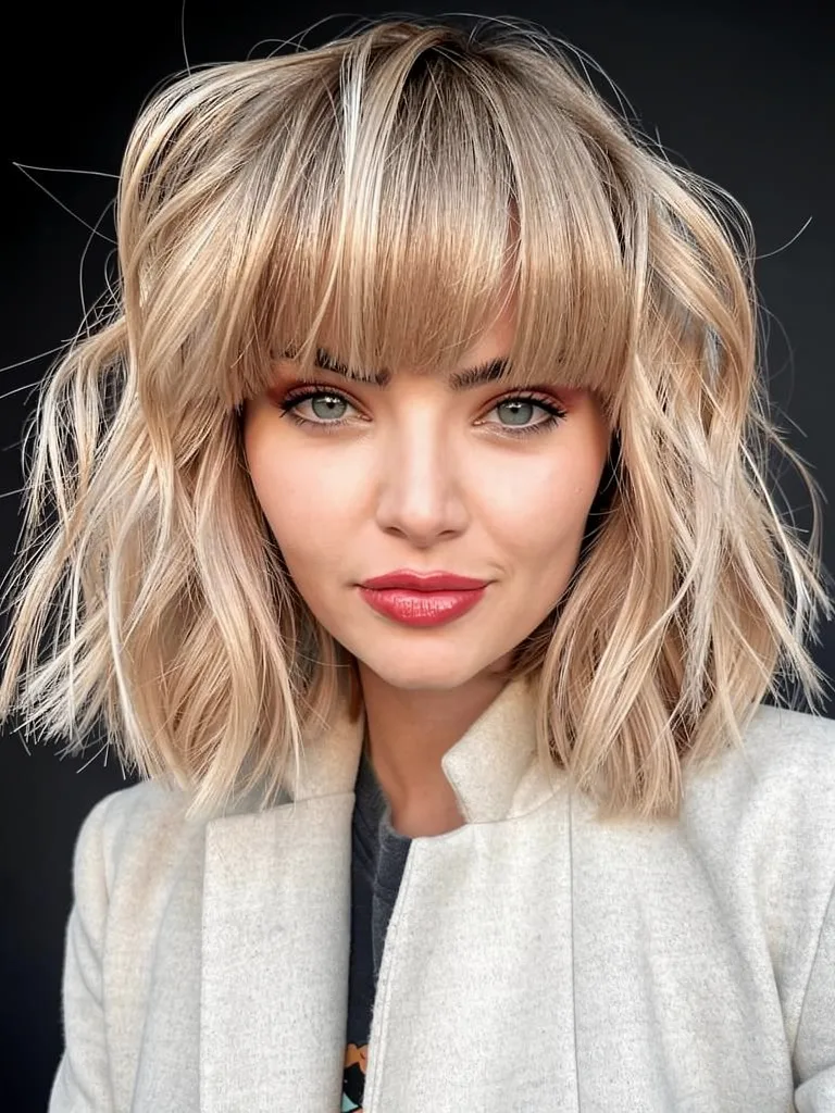 Sandy Blonde Balayage Wavy Bob with Bold Blunt Bangs