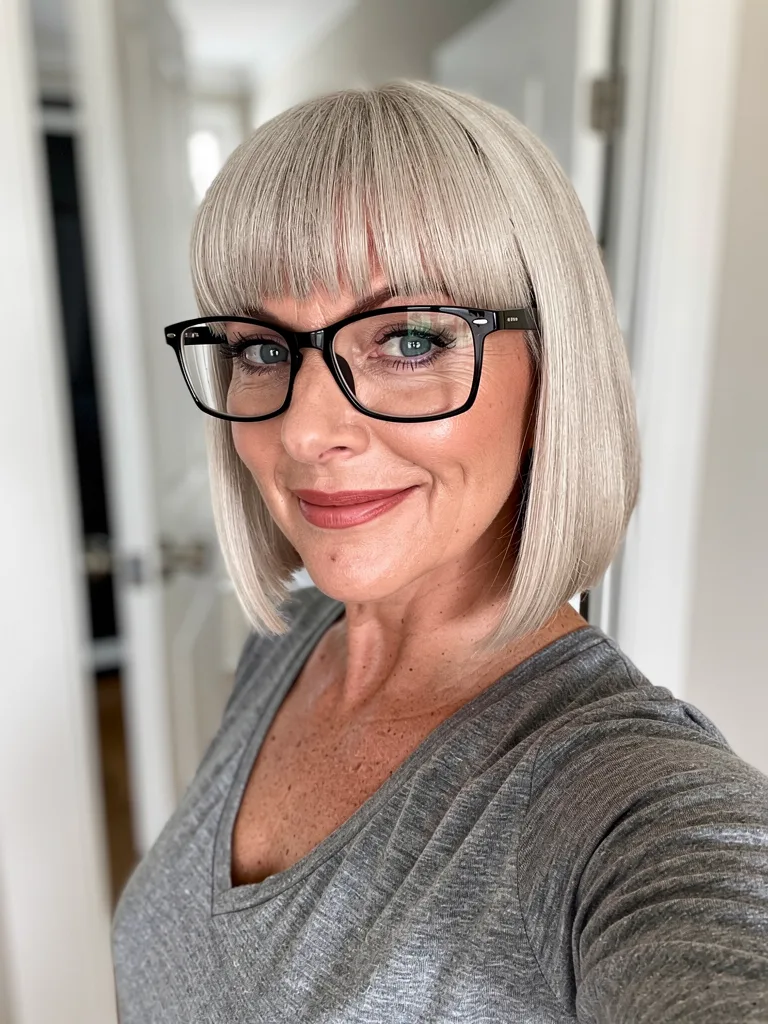 Platinum Blonde Straight Bob with Sharp Blunt Bangs