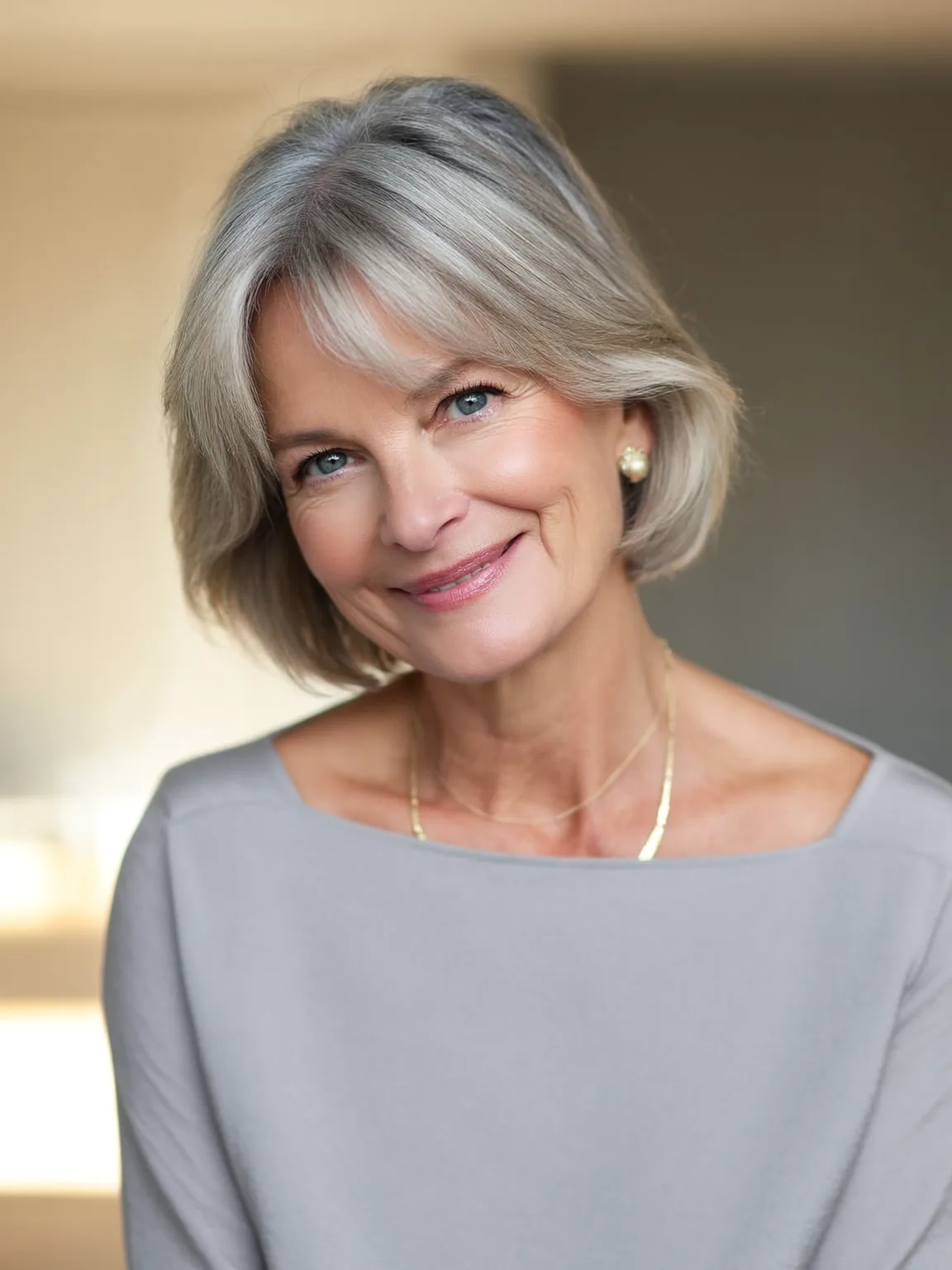 Chin-Length Bob with Silver Frost and Curtain Bangs