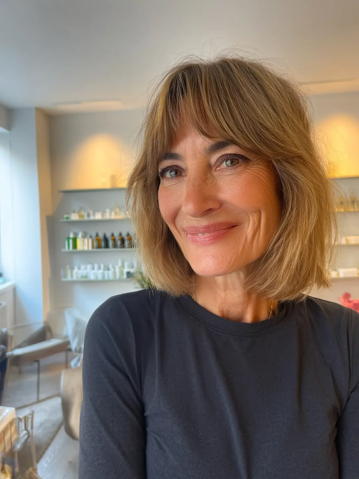 Warm Caramel Brown Wavy Bob with Curtain Bangs