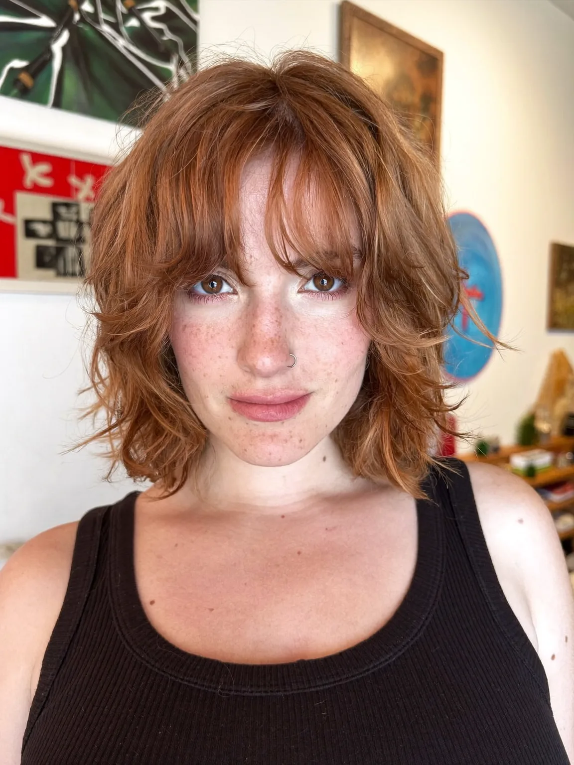 Chin-Length Shag with Copper Auburn and Curtain Bangs