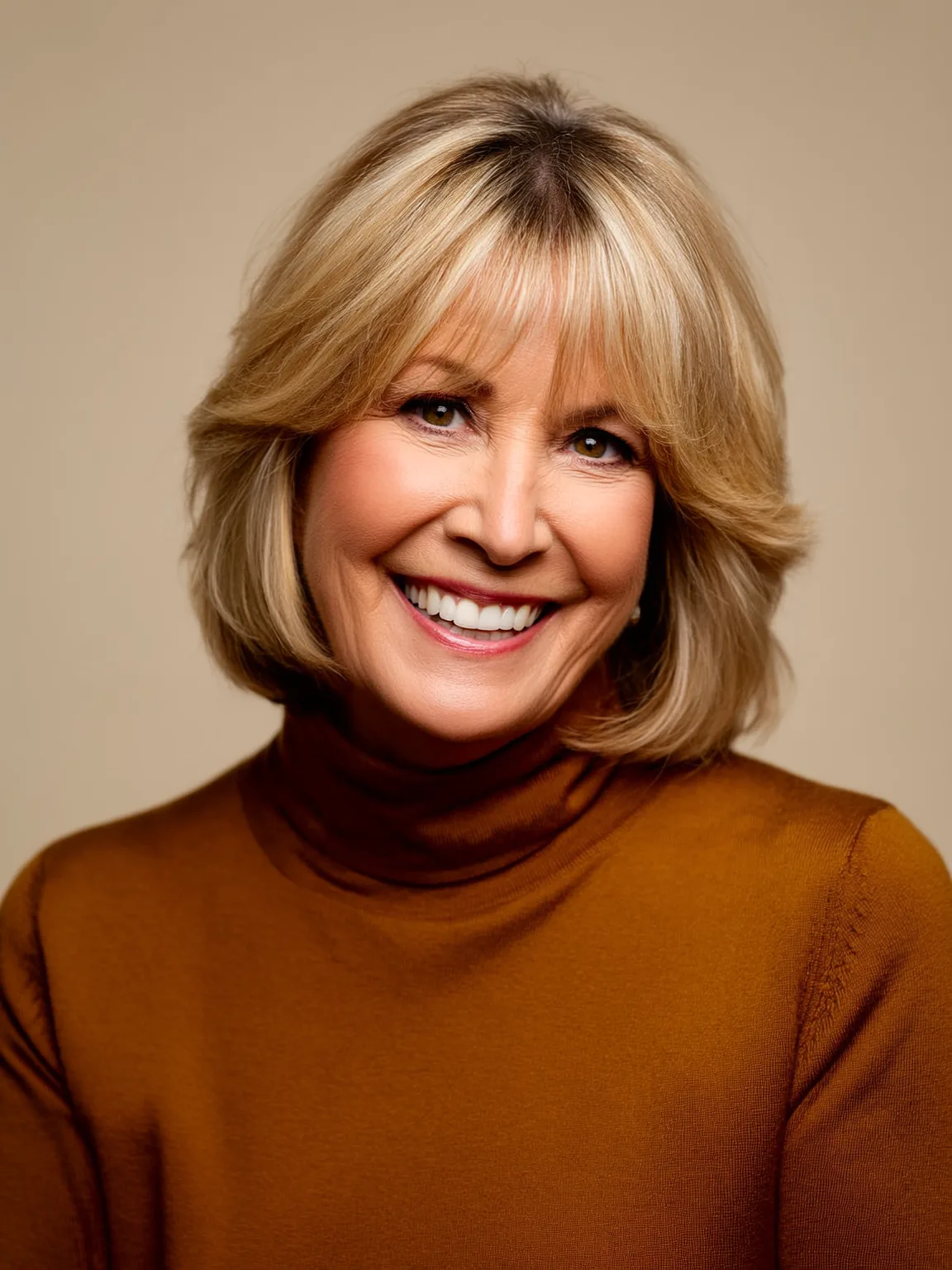 Chin-Length Bob with Curtain Bangs and Caramel Balayage