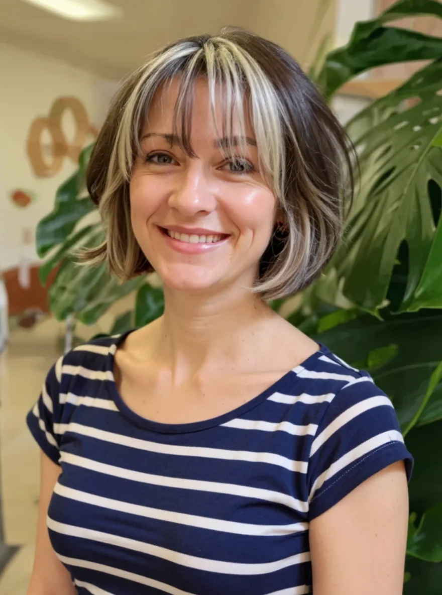 Ash Brown Bob with Platinum Blonde Streaked Curtain Bangs