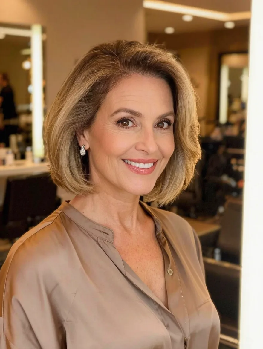 Warm Caramel Brown Bob with Subtle Highlighted Side Bangs