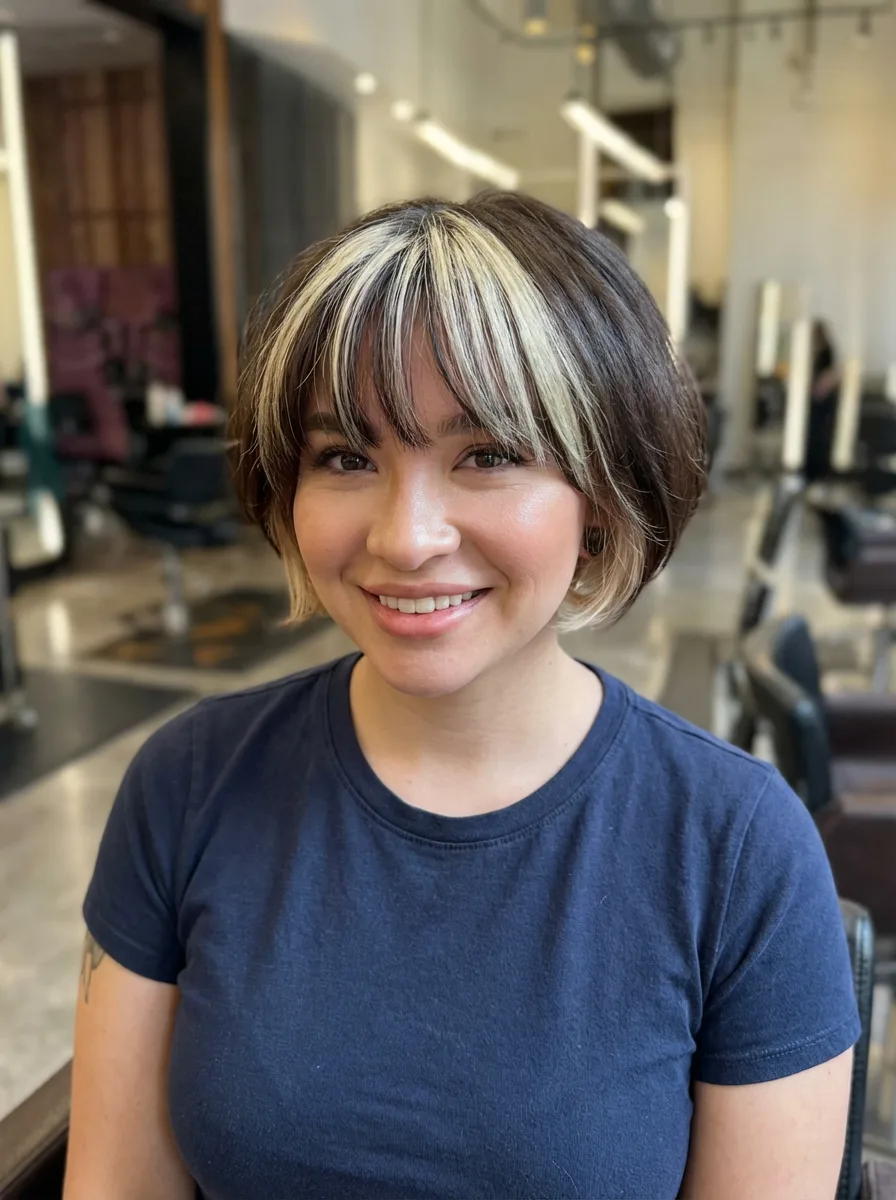 Dark Brown Bob with Platinum Highlights and Blunt Bangs