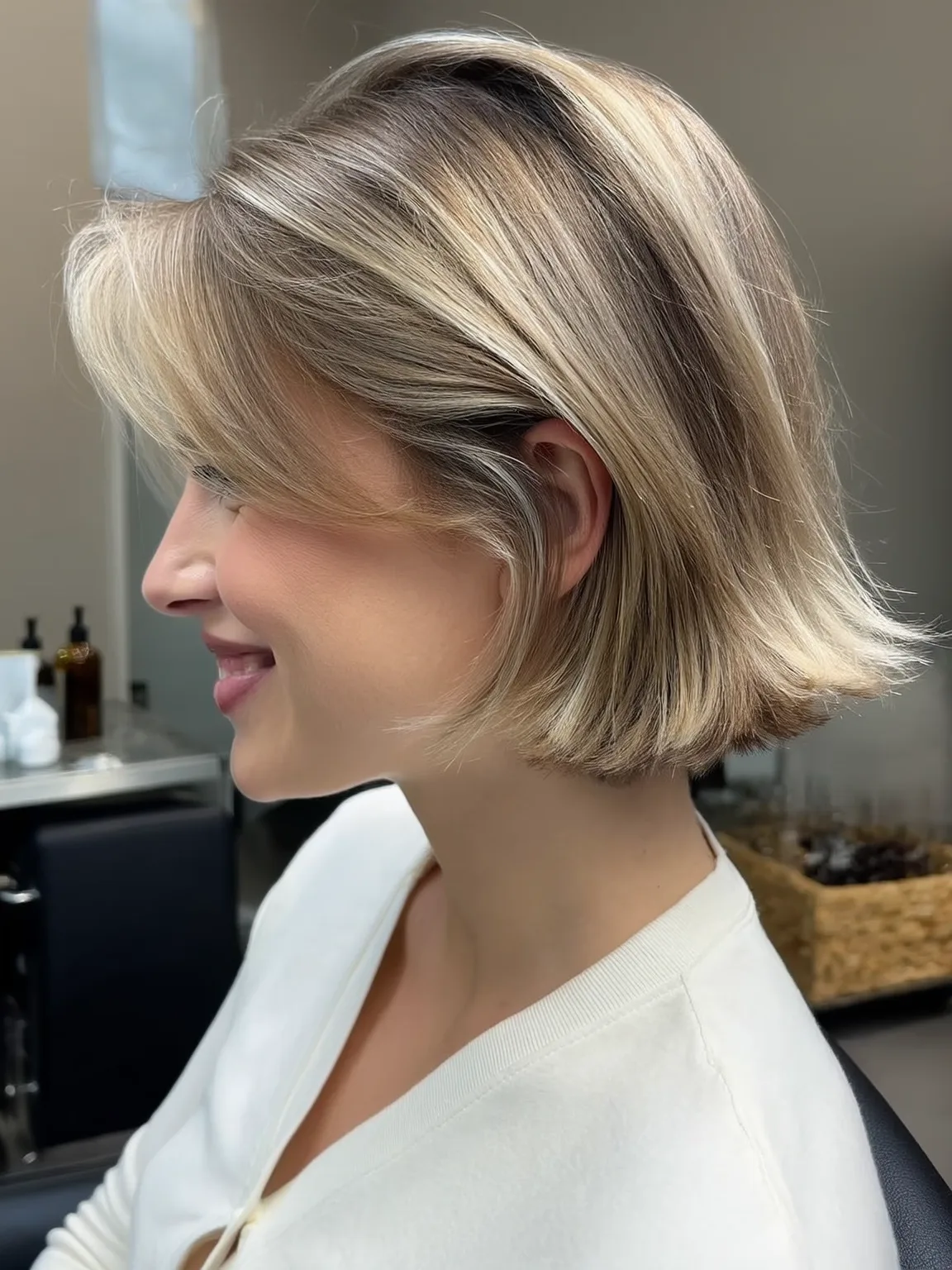 Honey Blonde Balayage Bob with Side-Swept Bangs