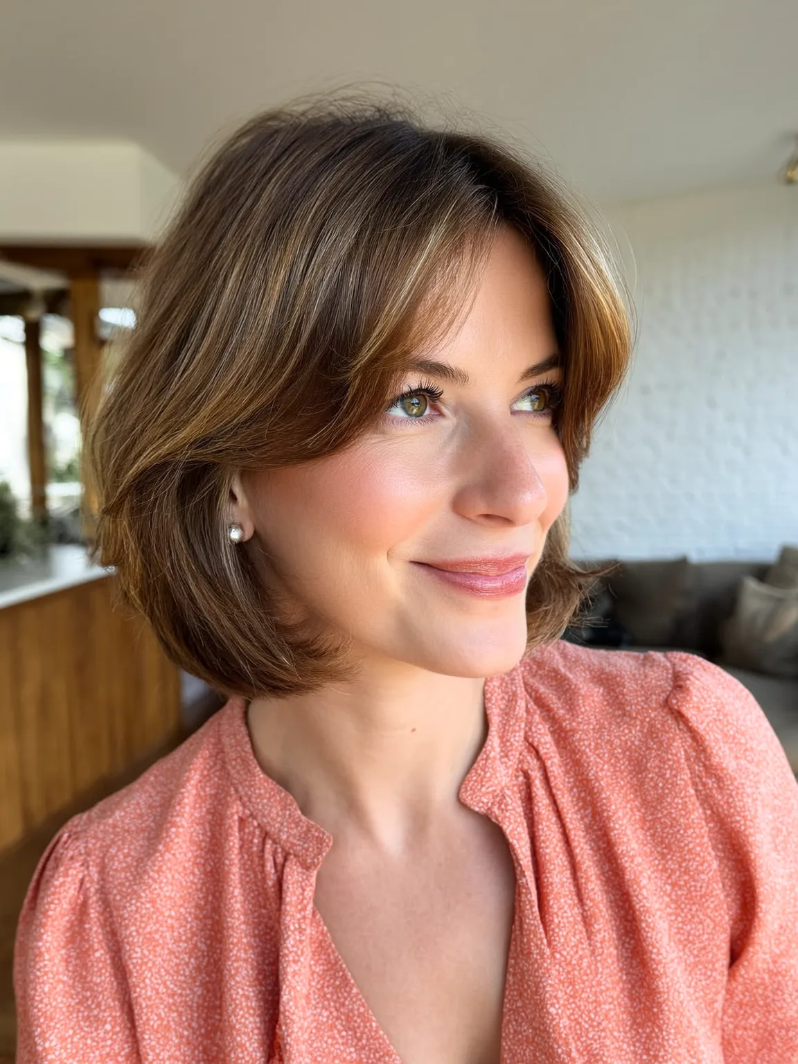 Caramel Brown Bob with Curtain Bangs and Wavy Texture