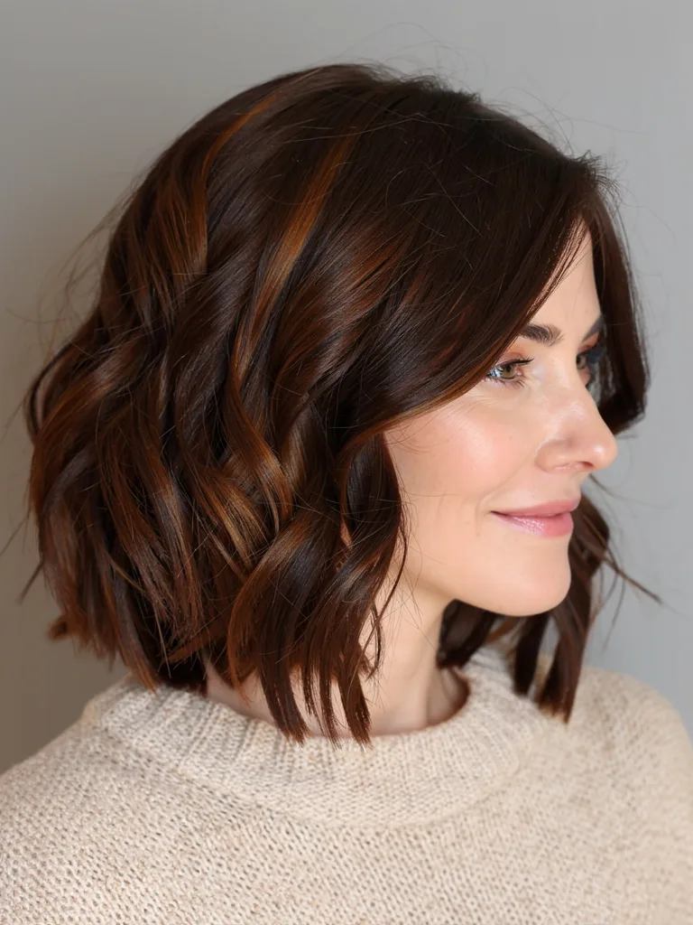 Wavy Espresso Bob with Subtle Caramel Highlights