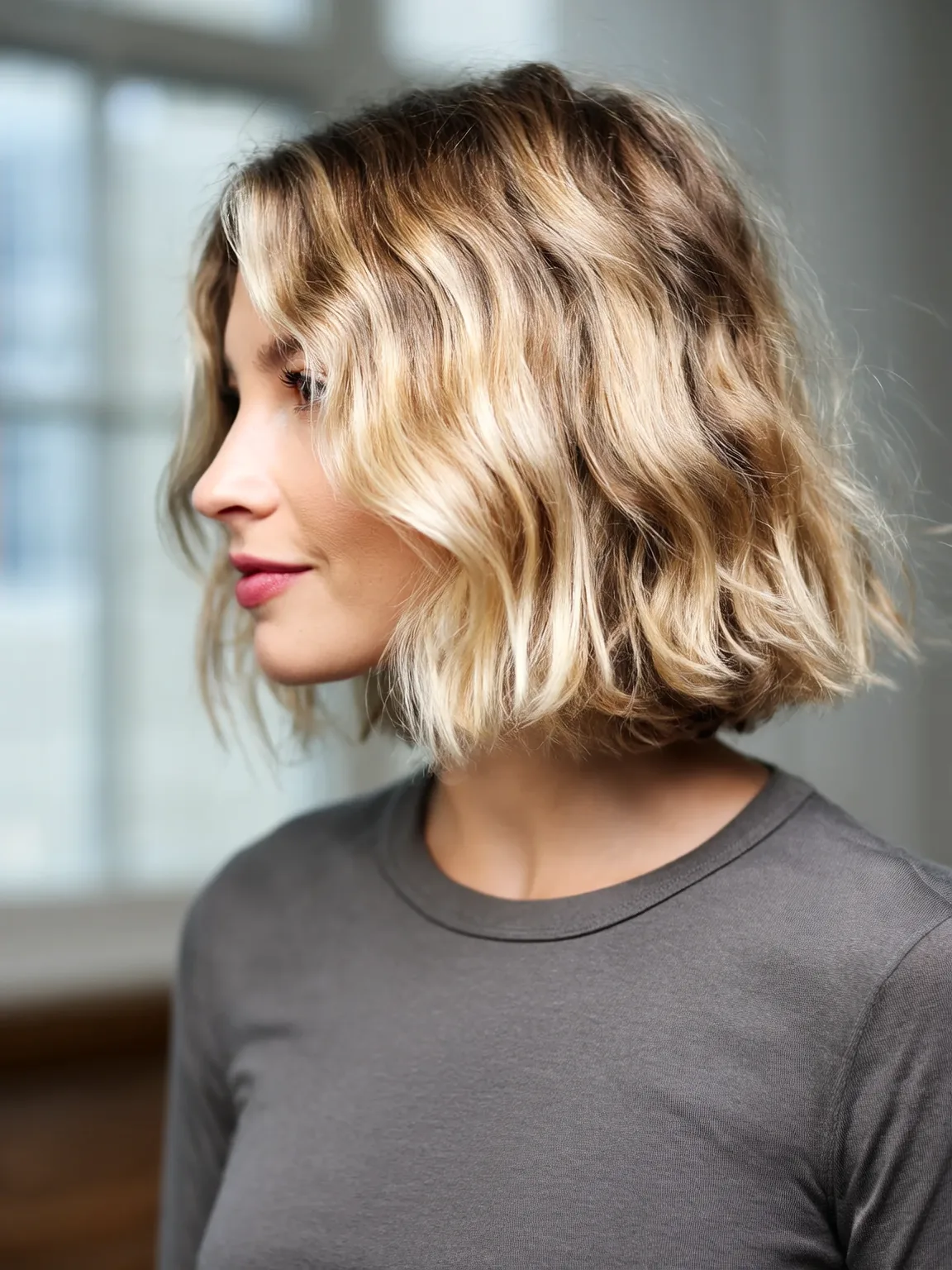 Voluminous Sandy Blonde Wavy Bob Without Bangs