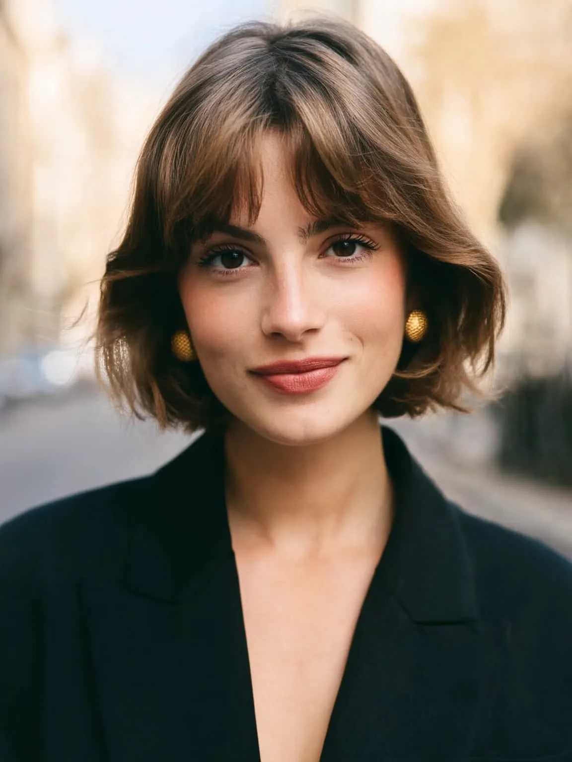 Heart-Flattering Wavy Bob with Caramel Curtain Bangs