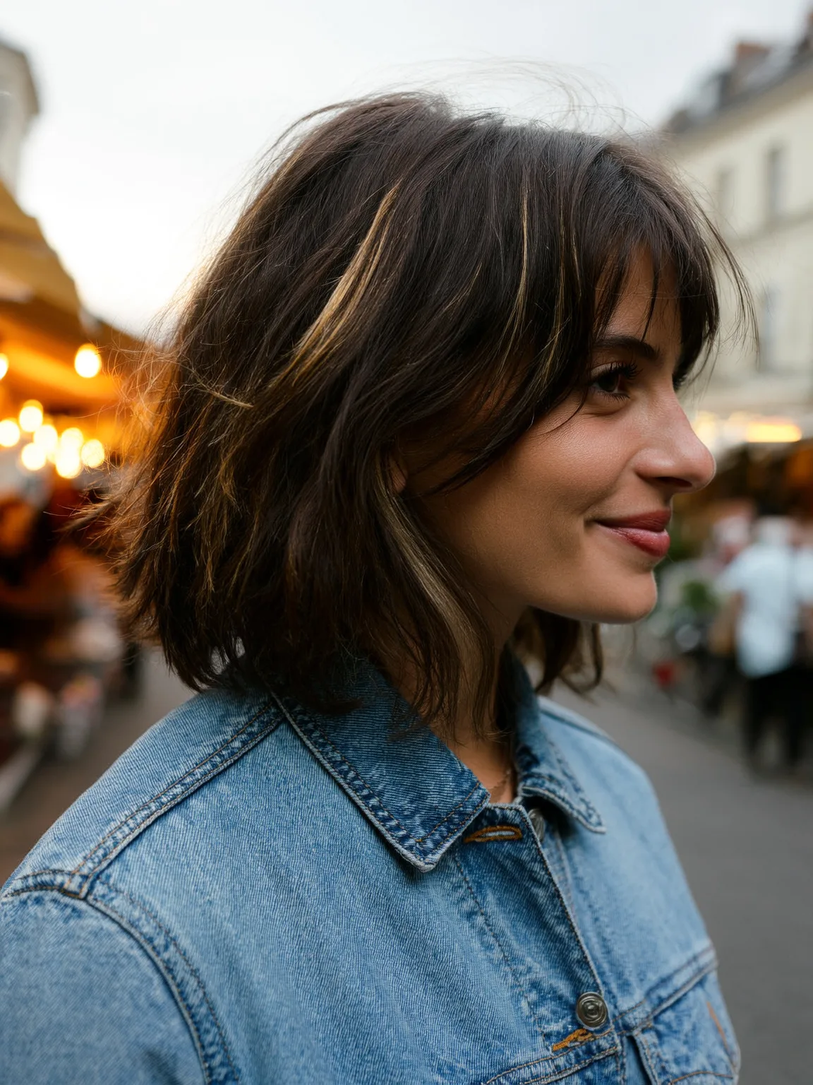 Wavy Bob with Curtain Bangs and Honey Blonde Highlights