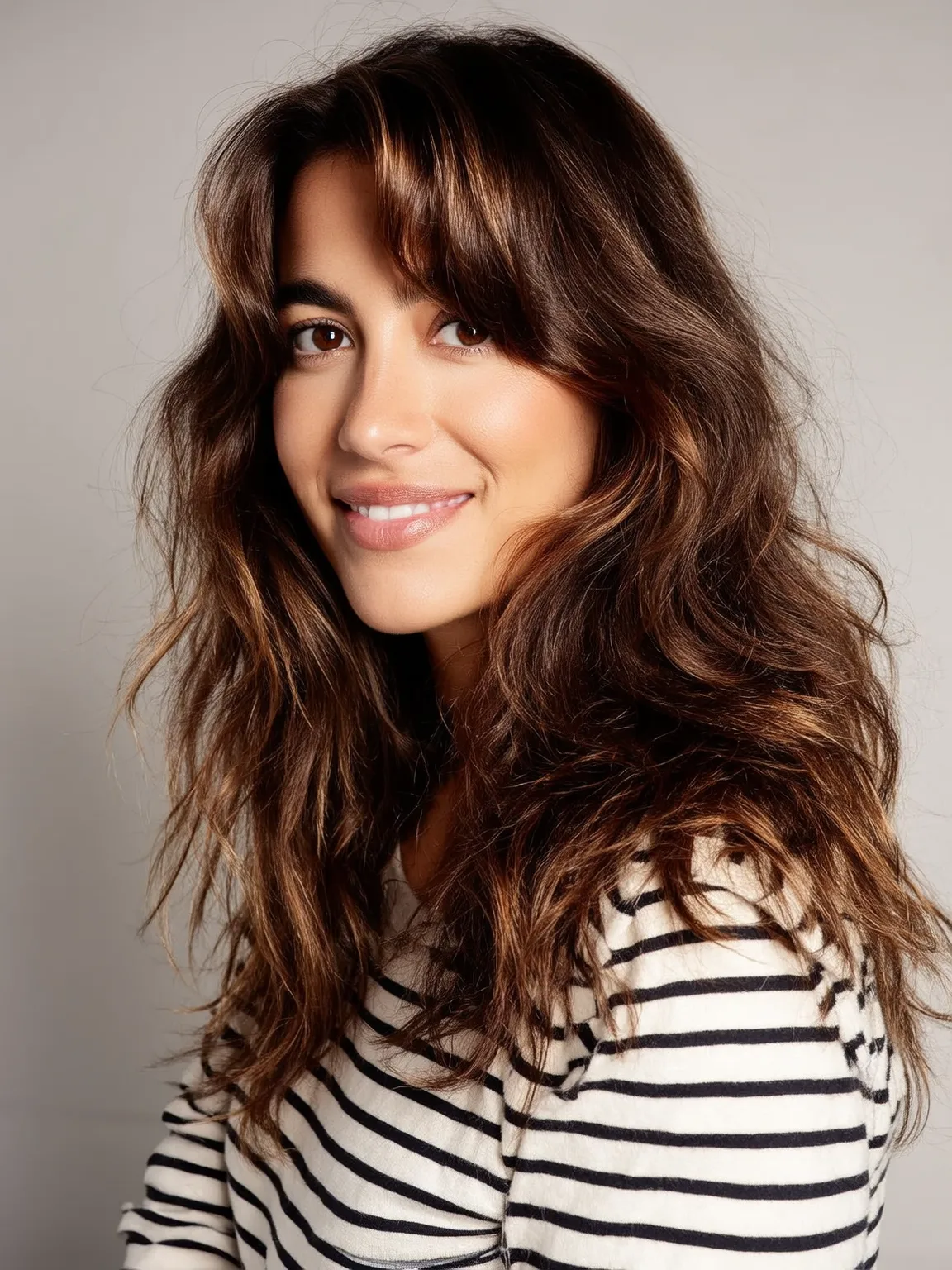 Long Voluminous Wavy Layers with Curtain Bangs