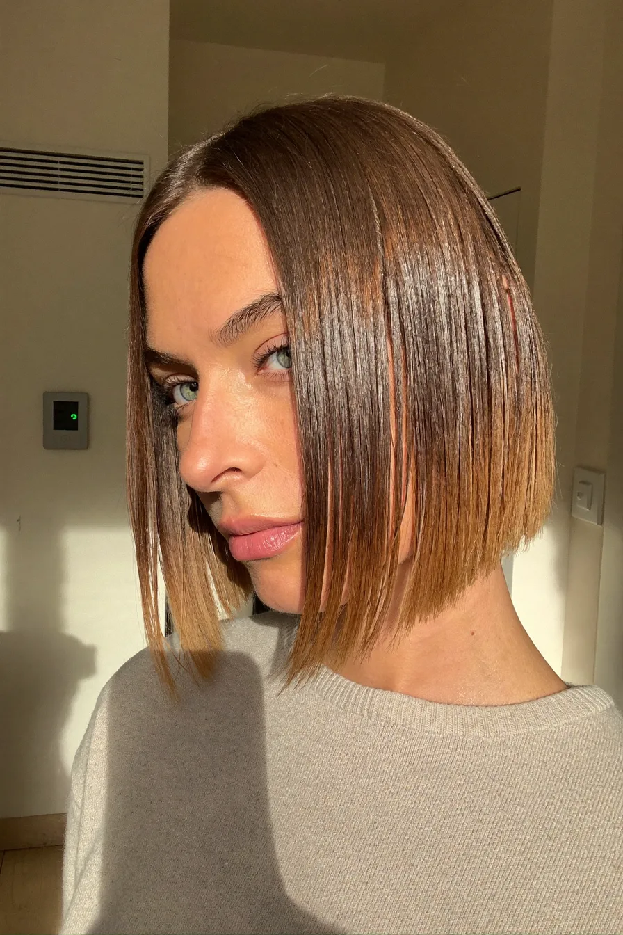Sleek Chin-Length Blunt Bob with Warm Ombre Ends