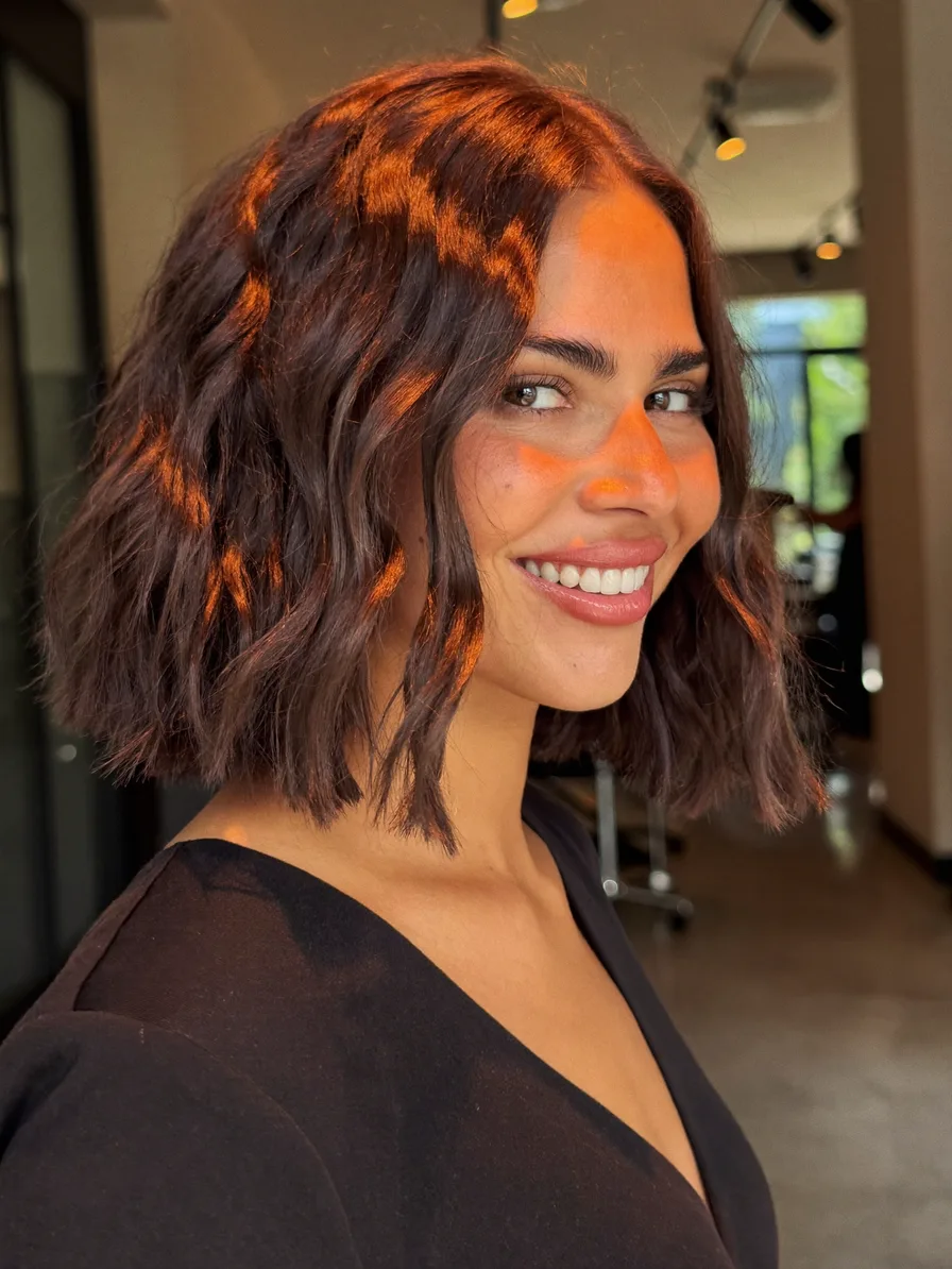 Sleek Chin-Length Blunt Bob with Warm Auburn Highlights