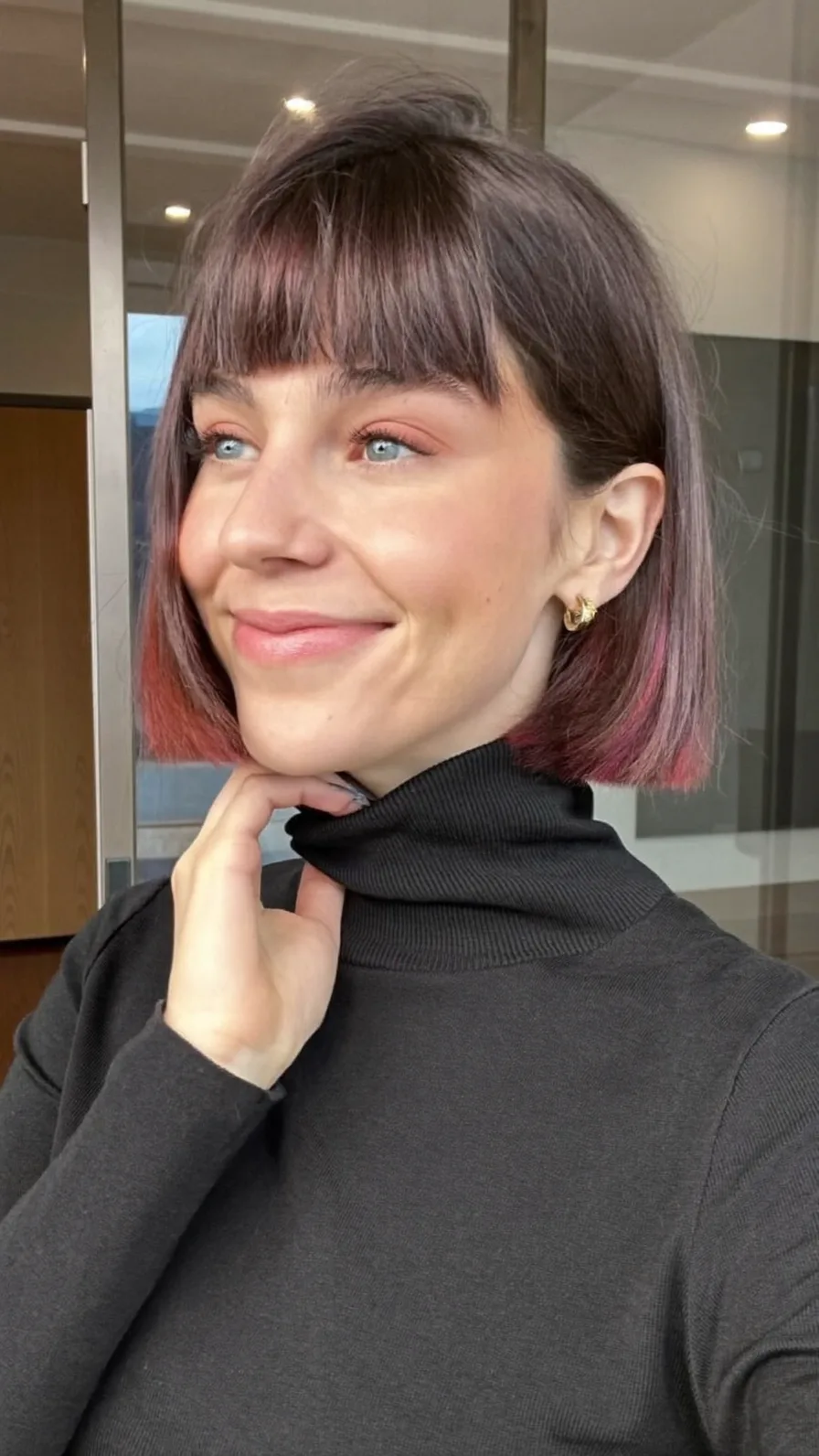Chic Blunt Bob with Rose Pink Tips and Blunt Bangs